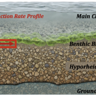 Schematic of river corridor subdomains and the relative reaction rates we will employ in our modeling. Our framework allows us to uniquely select the reaction rate for each subdomain.