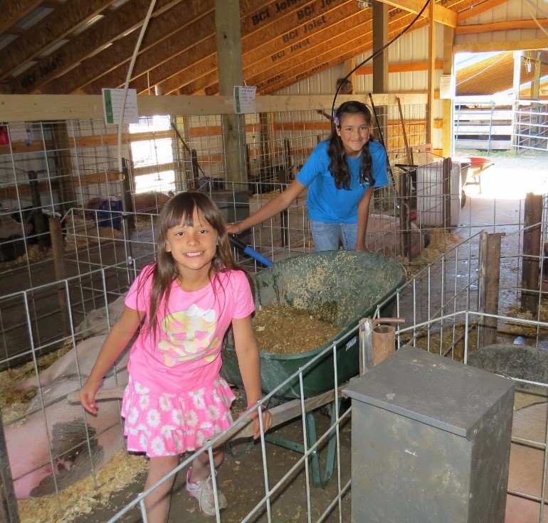 Children in a pig barn.