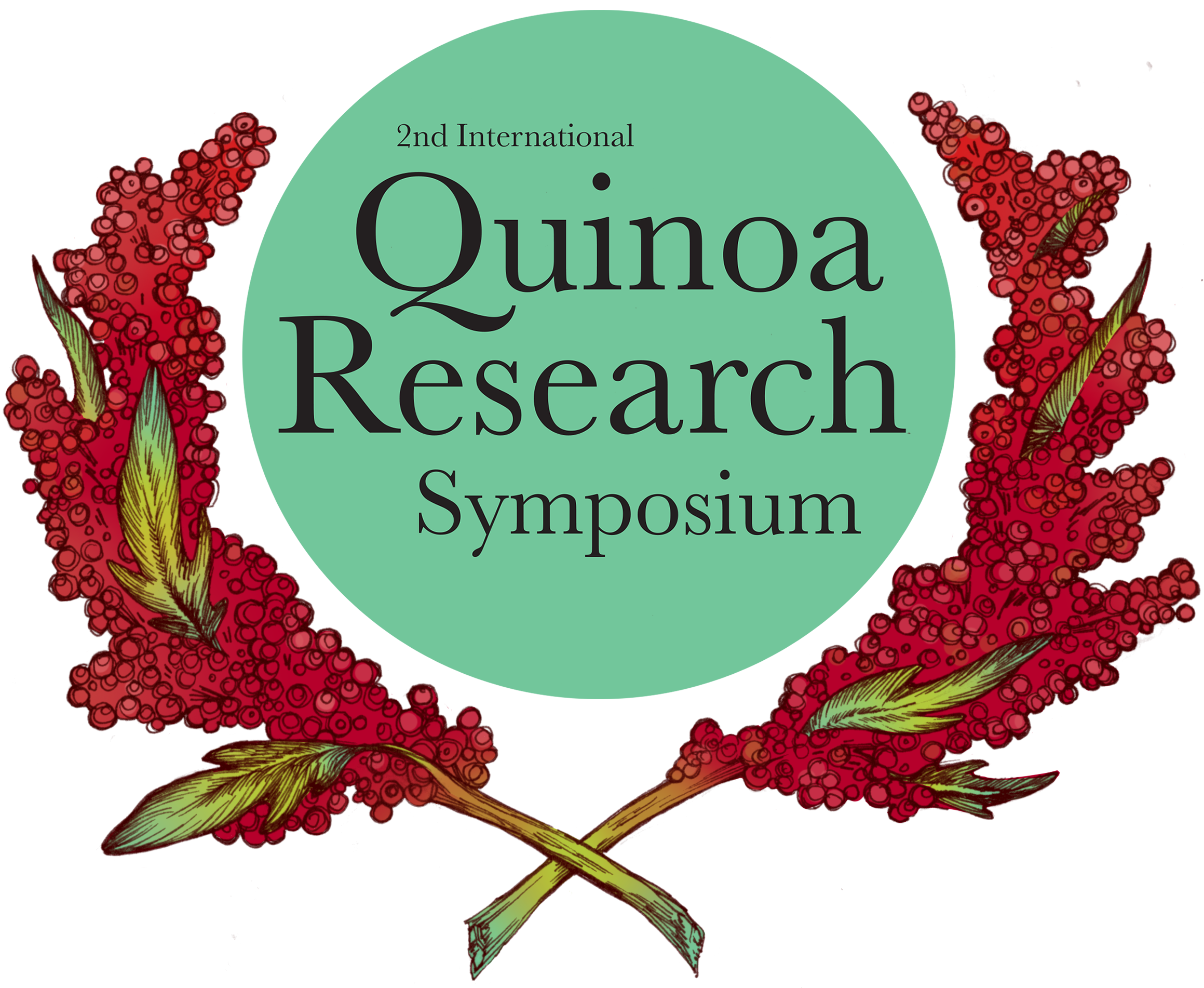 logo for the quinoa research symposium, with drawings of quinoa stalks on either side of the name