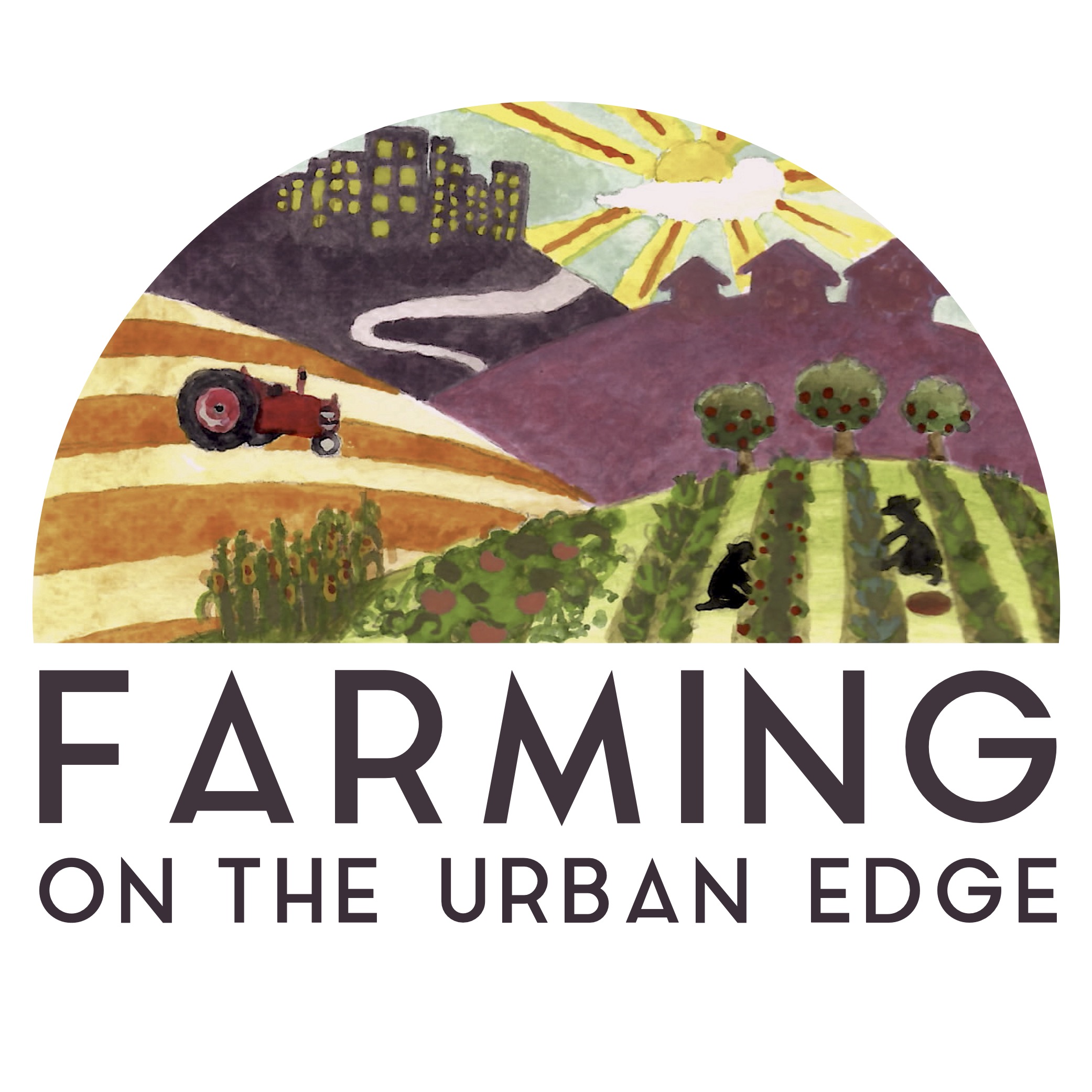 Farming on the urban edge logo with an illustration showing a farm and tractor with urban city behind