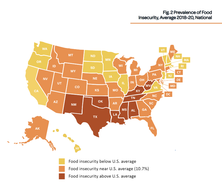 image of united states showing prevealence of food insecurity from 2018-2020