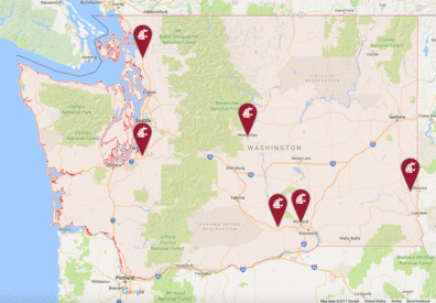 Map of Washington with pins indicating WSU horticulture locations