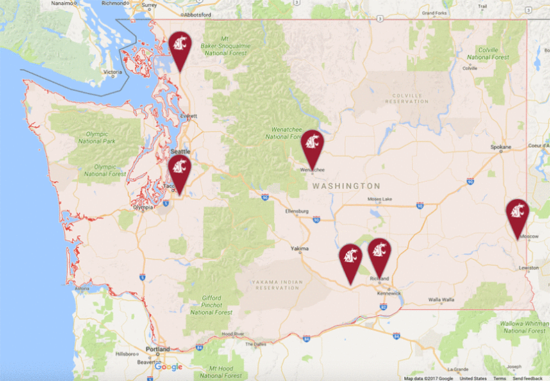 Map of Washington with pins indicating WSU horticulture locations