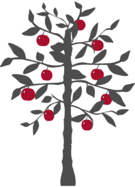 A drawing of a gray tree with crimson colored apples