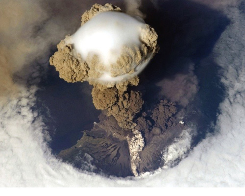 Aerial view of a volcanic eruption.
