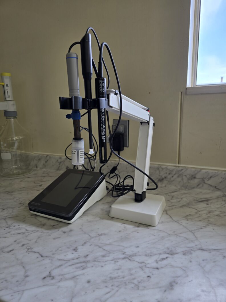 pH meter on a counter.