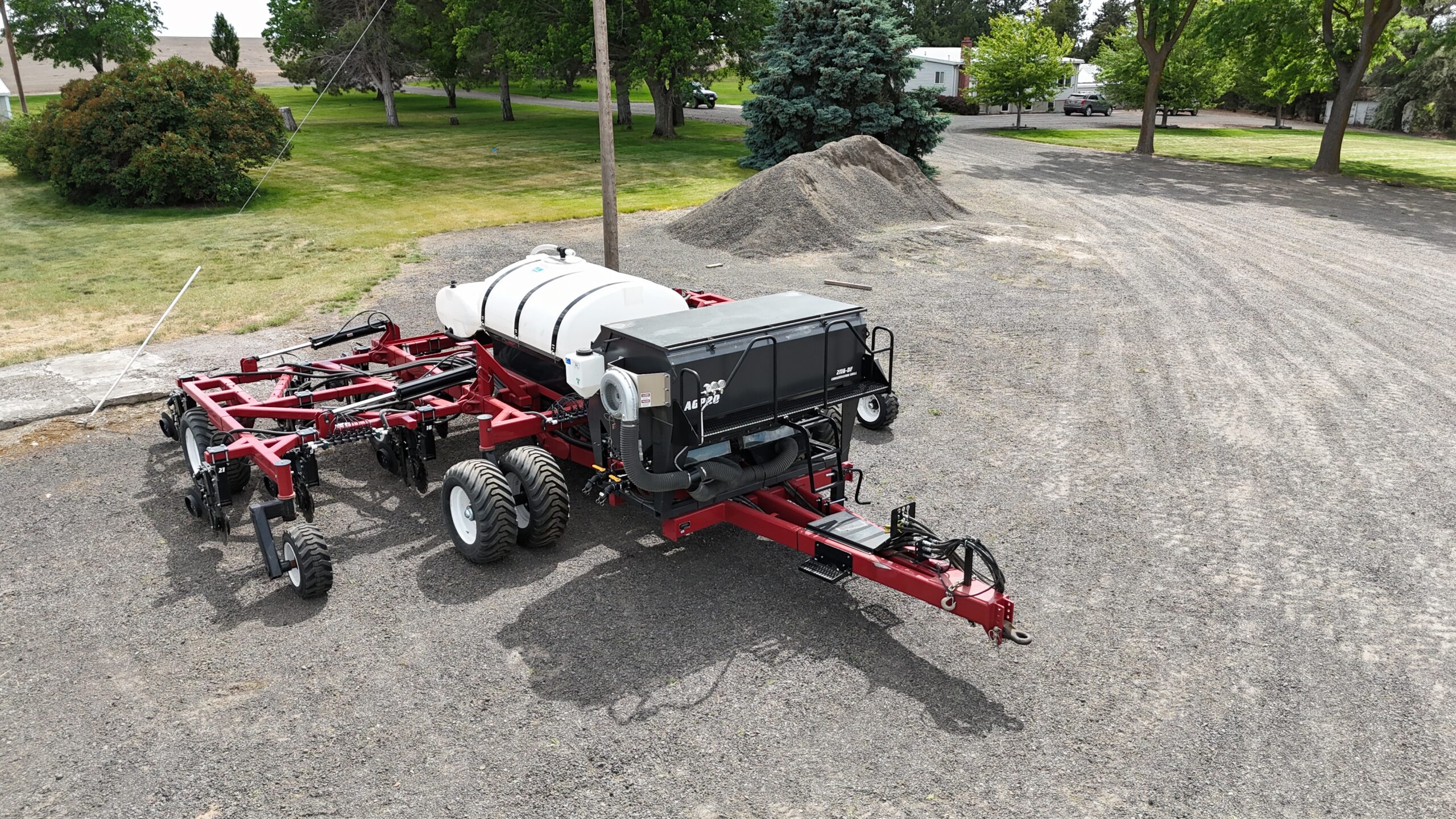 Drone picture of a deep furrow drill.