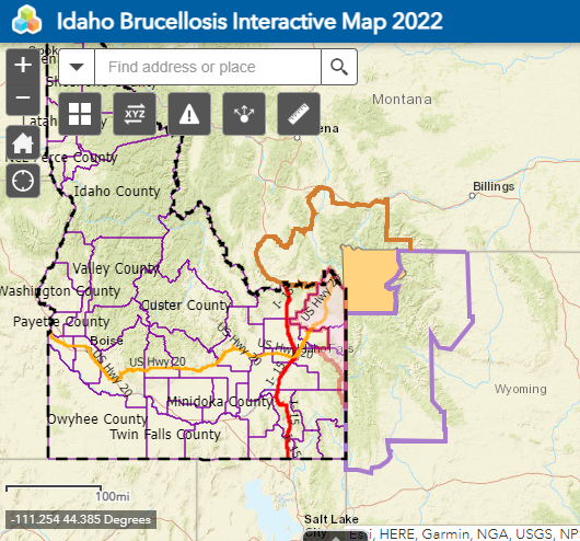 Screen grab of Idaho Burecellosis Interactive map. Link below.