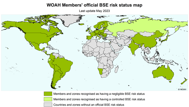 World map delineating countries by members and zones and their level of BSE risk status. Updated May 2023.
Negligible risk= U.S., Canada, South America, Australia, New Zealand, Japan, South Korea, China, India, Western Europe nations, and Namibia.
Controlled risk=Russa and Equador.
Countries not listed are without and offical risk status. Please visit the website mentioned above for the most accurate information.
