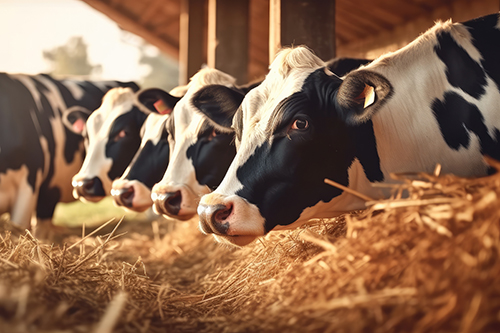 Dairy cows eating hay