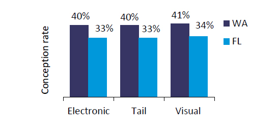 Bar chart comparing Florida and Washington. Y Axis: Conception rate. X Axis: Electronic, Tail, and Visual. Please reach out to get percentages indicated.