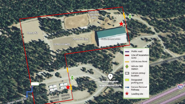 Aerial photo of farm with lines drawn to indicate roads, parking, lines of separtion and carcass removal areas.
