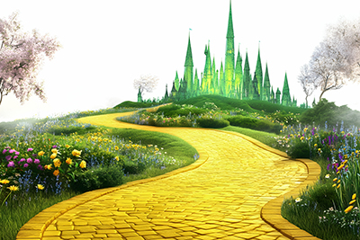 Illustration of the yellow brick road with the Wizard of Oz castle in the distance.