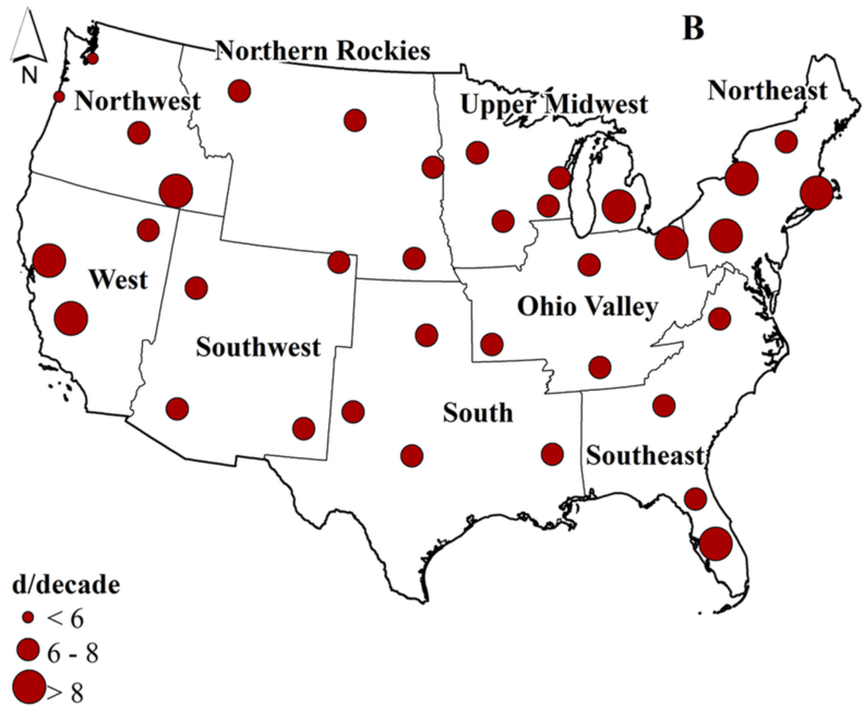 Red dots on a map of the United States indicating projected decadal increases.