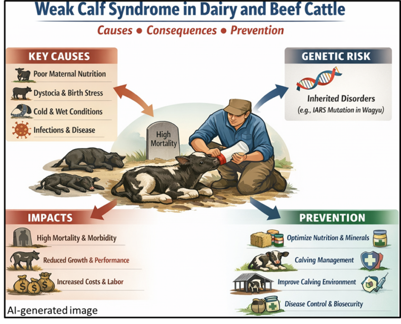 AI generated image illustrating the causes, consequences, and prevention of weak calf sydrome.
