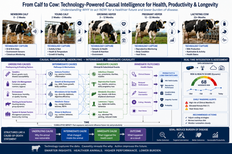 Complex diagram illustrating Technology-powered causal intelligence for health, productivity and longevity from newborn calf through lactating cow.