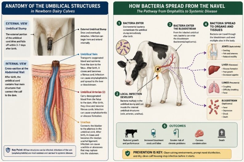A complex 2-column diagram. "Anatomy of unbilical structures in newborn dairy calves" on the left, and "How bacteria spread from the navel" on the right.