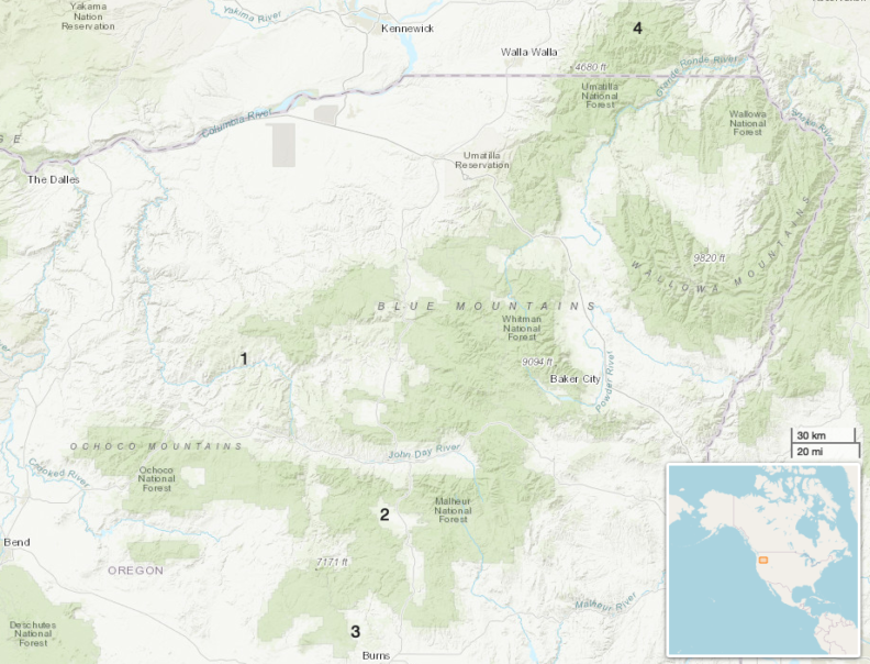 Map showing the locations of photos below showing numbers 1-4 in the Blue Mountains in Oregon and Washington, USA