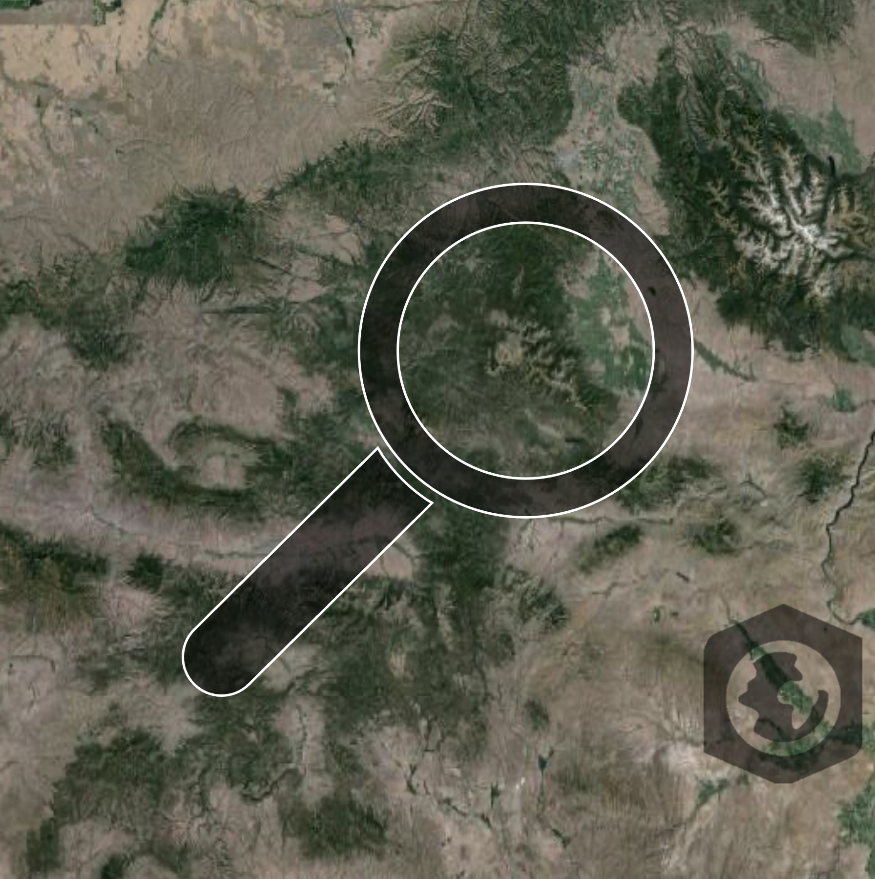 Magnifying glass overlaid atop satellite imagery of the Blue Mountains