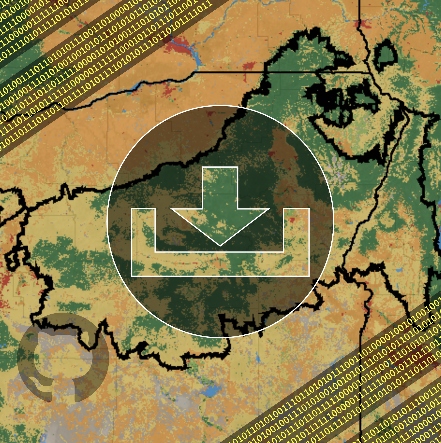 Download symbol overlaid on classified map of Blue Mountains with binary code spanning the corners