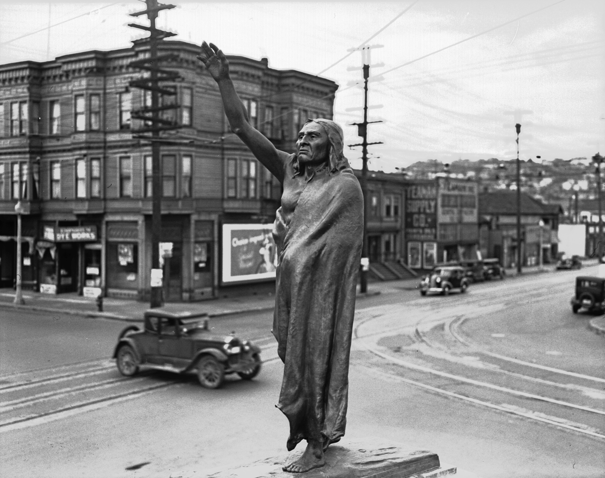 Historic photo of Chief Seattle statue