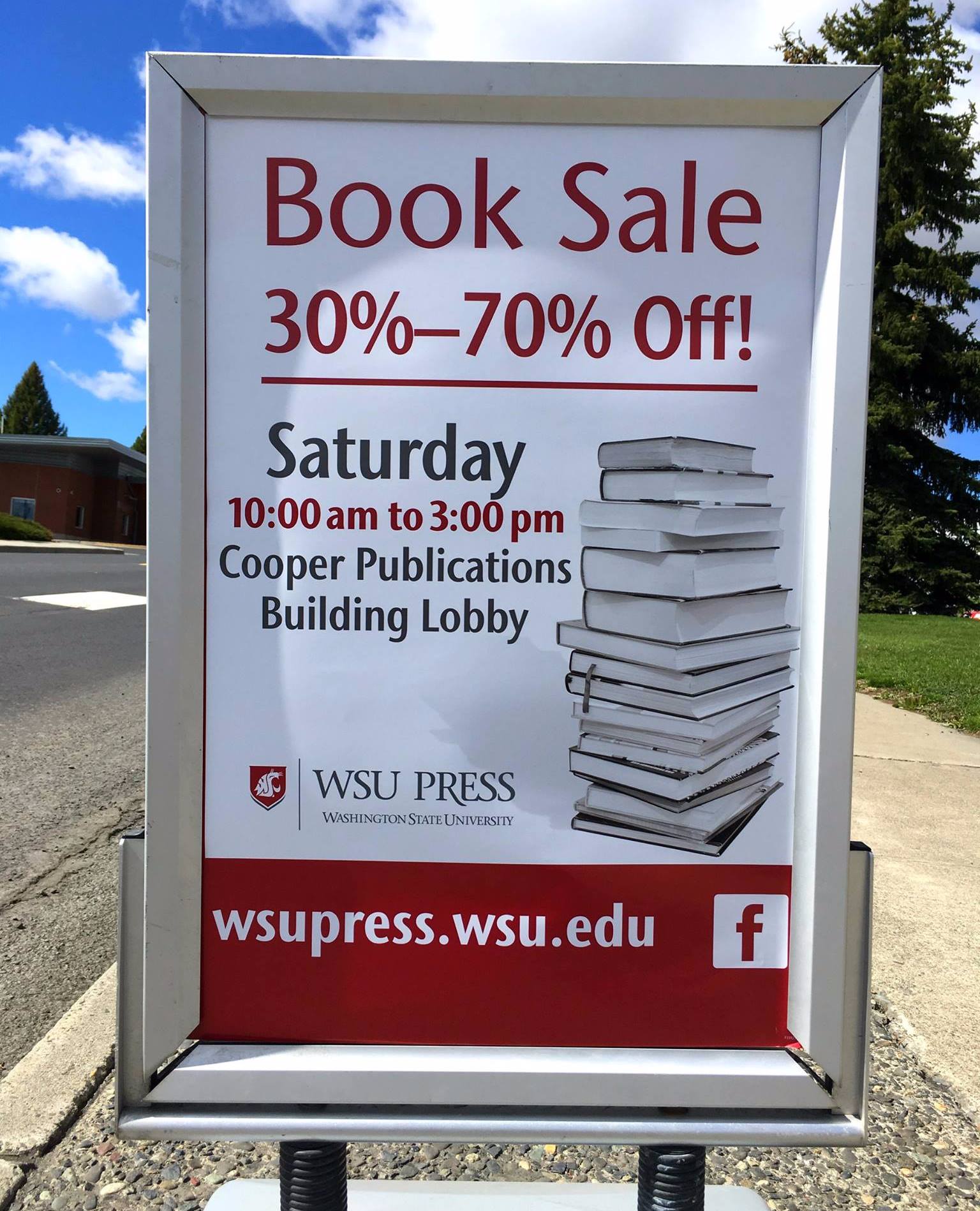 WSU Press Spring Book Sale Sign with day, time, and discount information
