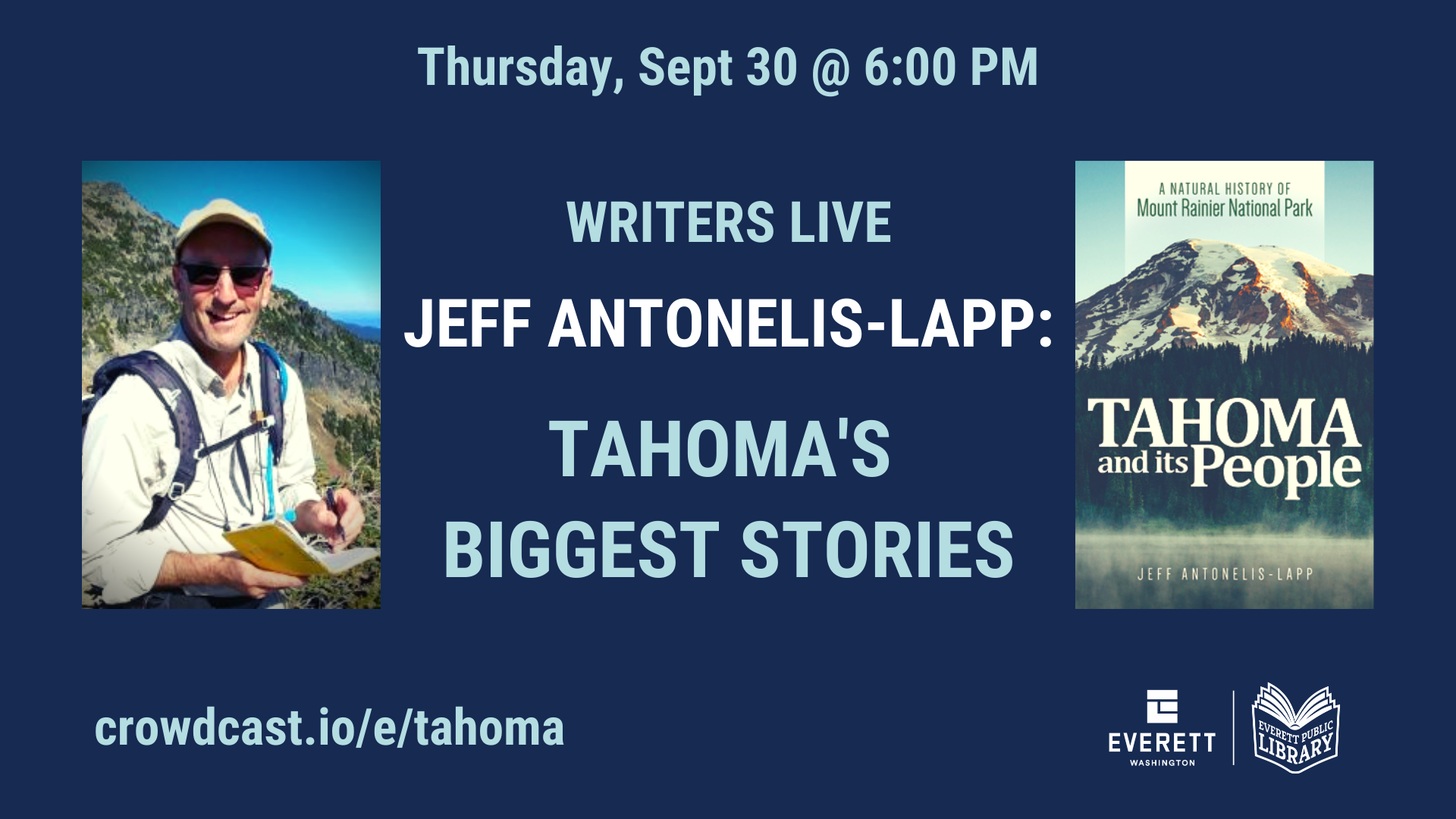Everett Library graphic for 9/30/2021 event with Jeff Antonelis-Lapp
