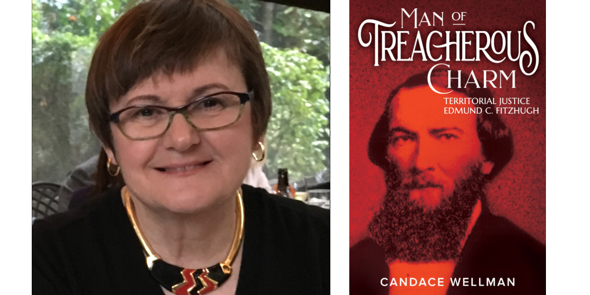 Banner with photo of Candace Wellman and the Man of Treacherous Charm book cover