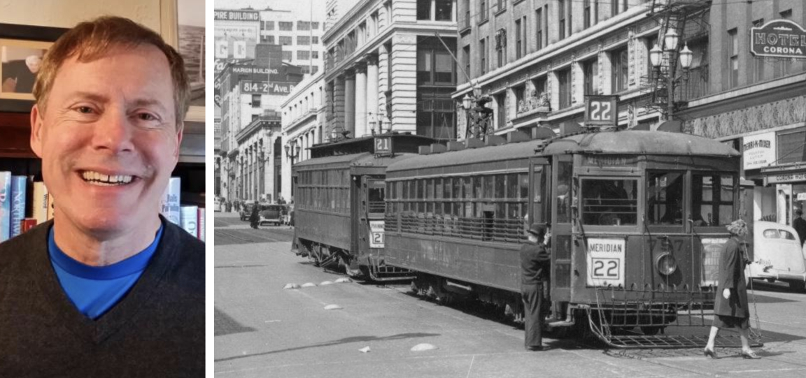Headshot of Mike Bergman with vintage Seattle streetcar scene to the right