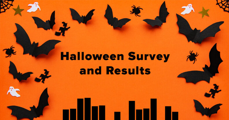 Black paper bats and black bar graph on an orange background with the text, "Halloween Survey and Results"