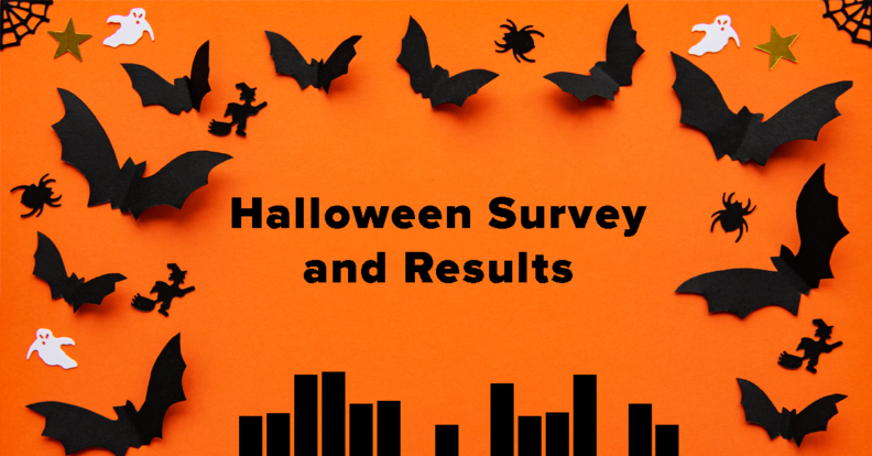 Black paper bats and black bar graph on an orange background with the text, "Halloween Survey and Results"