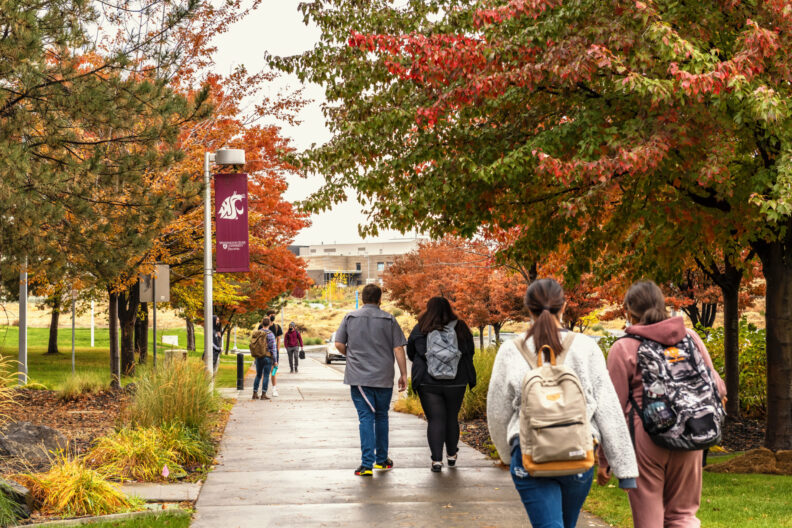 Students walking on the WSU Tri-Cities campus in fall