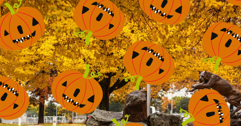 overlay of pumpkins on a WSU campus in fall