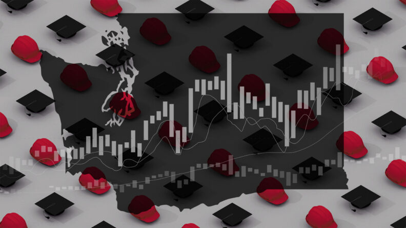 Silhouette of Washington state overlaid by labor market data trends. Background is repeating grid of alternating graduation caps and crimson hard hats.